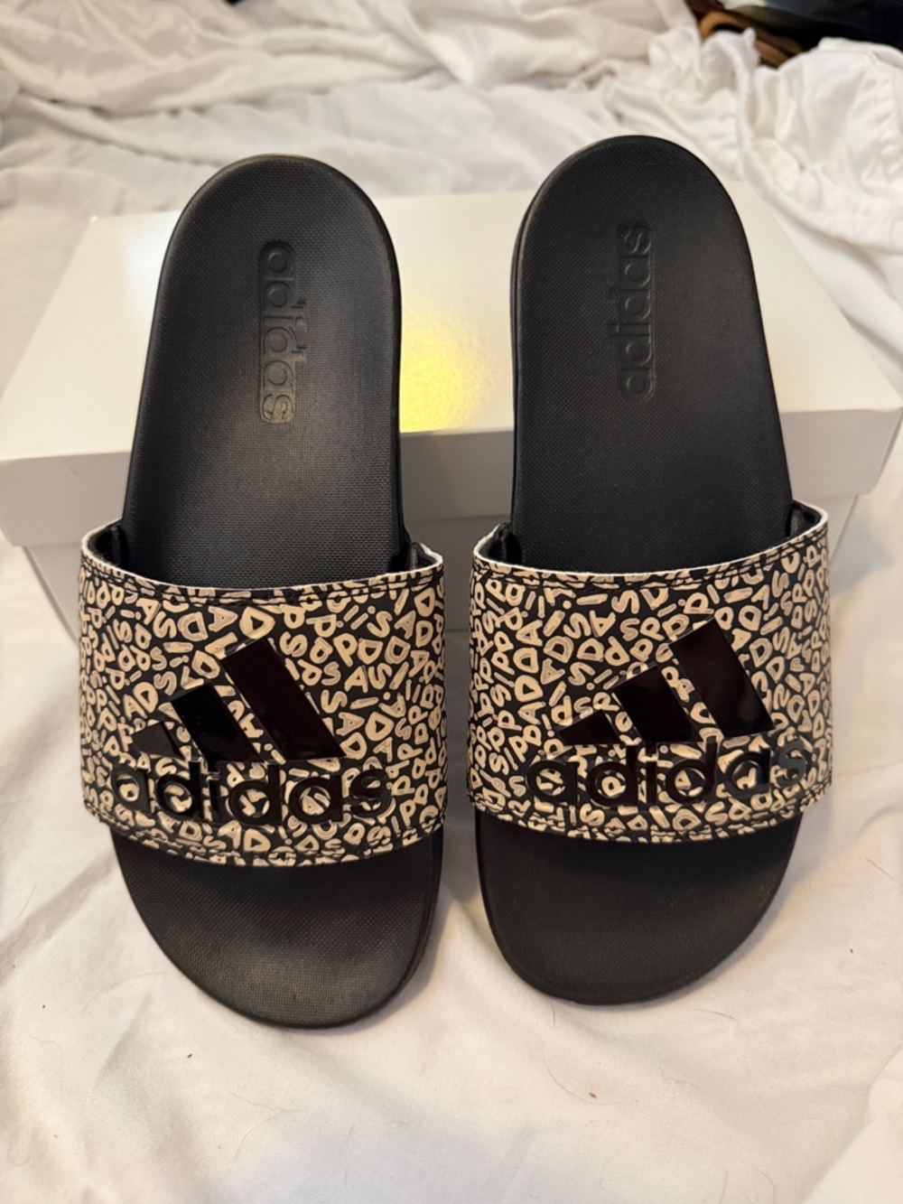 adidas Black Slides with Beige Patterned Strap